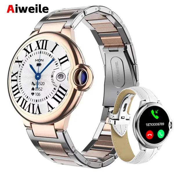 Aiweile AW28 smartwatch with stainless steel rose gold and silver band, white leather band, and digital call display