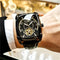 Alcom Distribution men's mechanical square watch with black leather strap and intricate dial on wrist