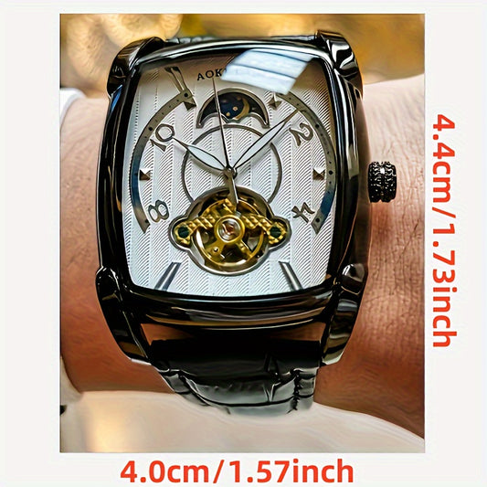 Alcom Distribution men's mechanical square watch with black leather strap and silver dial