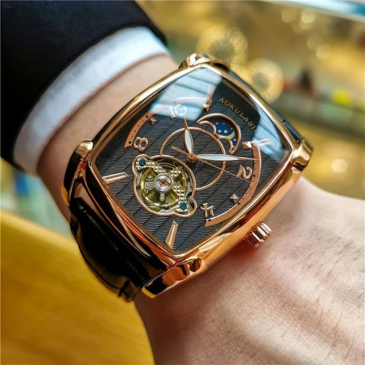 Men's mechanical square watch by Alcom Distribution with gold case and black leather strap