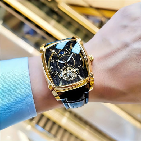 Alcom Distribution durable men's wristwatch with gold case and black leather strap on wrist