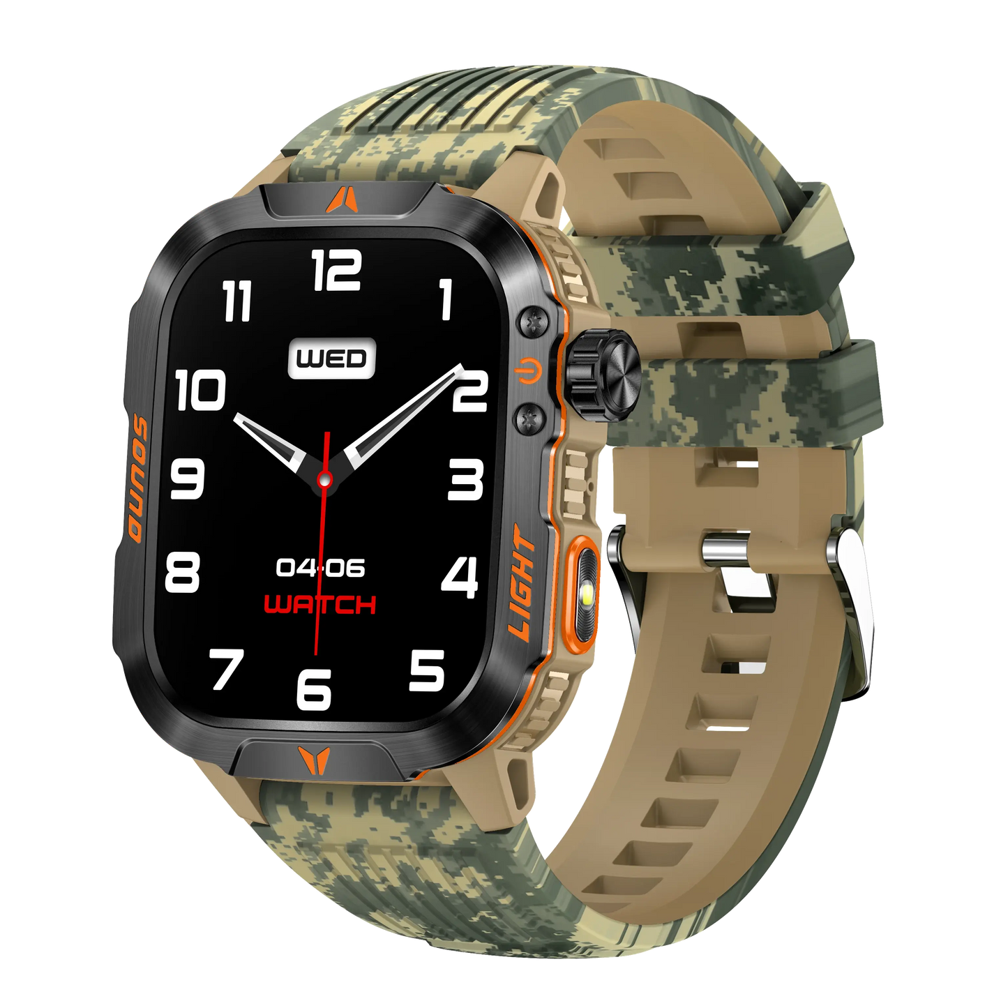 2024 smart fitness watch by Alcom Distribution with camouflage strap and digital touchscreen