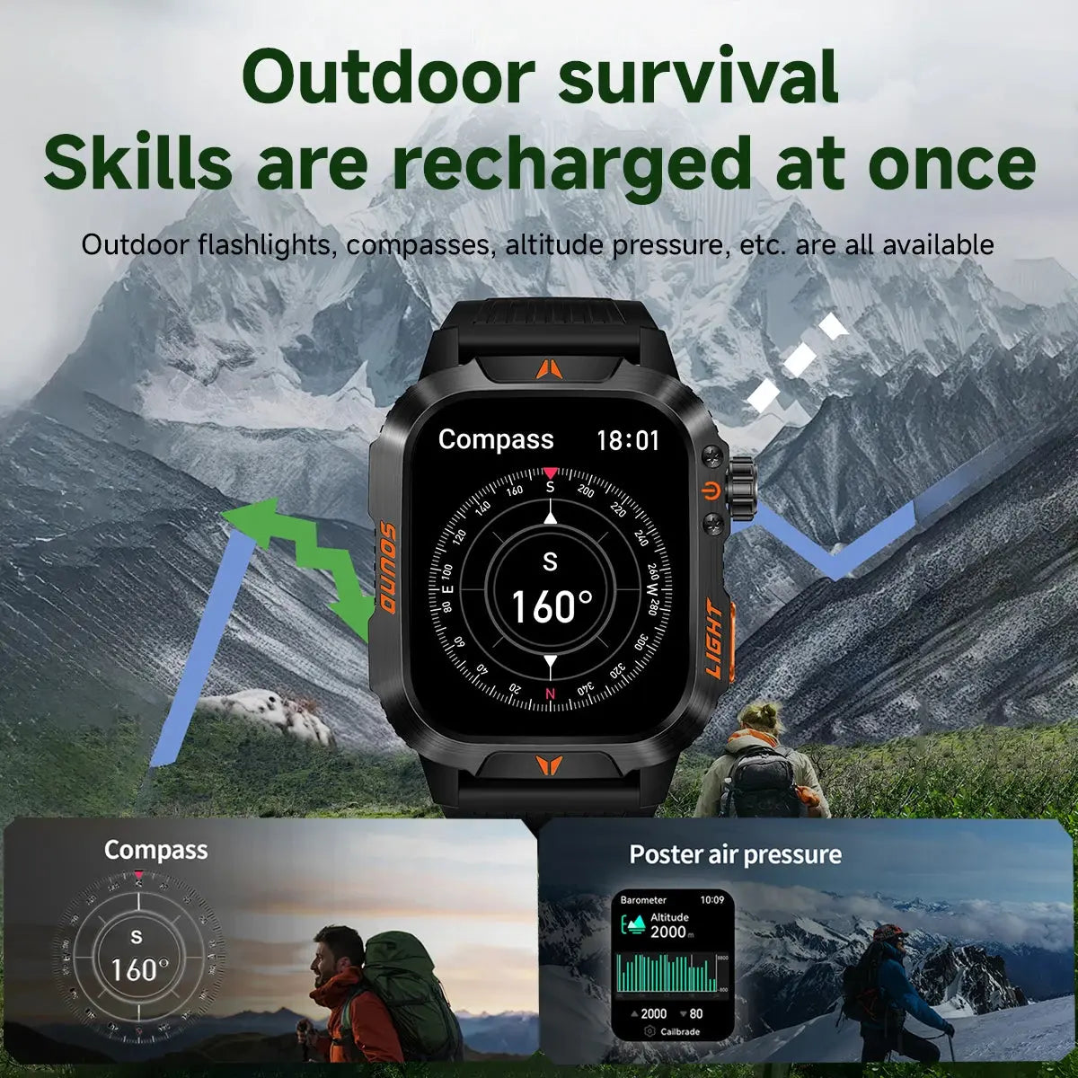 2024 smart fitness watch by Alcom Distribution showing compass feature for outdoor survival and air pressure monitoring