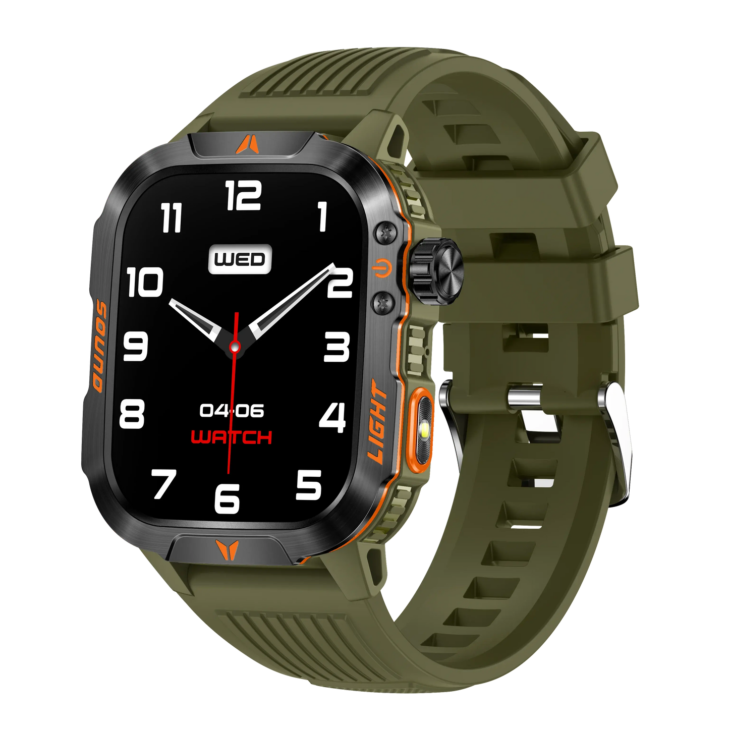 Alcom Distribution 2024 smart fitness watch with green strap and digital display showing time and date