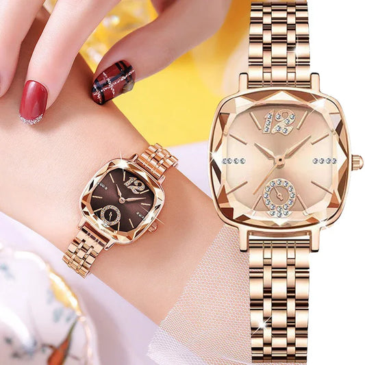Alcom Distribution rose gold bracelet luxury women's watch with faceted square crystal dial on wrist