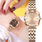 Alcom Distribution rose gold bracelet luxury women's watch with faceted square crystal dial on wrist