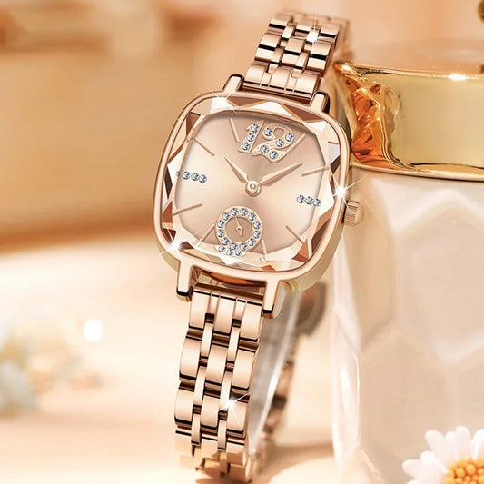 Alcom Distribution rose gold bracelet luxury women's watch with square crystal dial elegant dress accessory