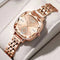 Alcom Distribution rose gold luxury women's watch with faceted square crystal bezel and metallic link bracelet
