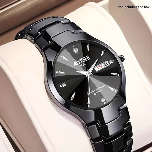 Alcom Distribution fashionable waterproof watch with black dial and metal bracelet