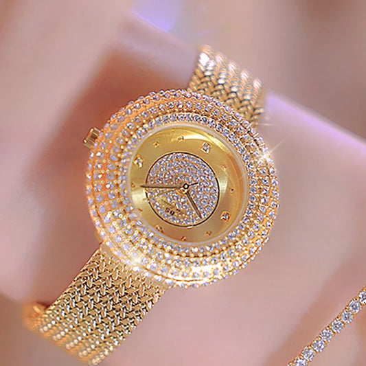 Alcom Distribution gold crystal bezel watch, elegant mesh bracelet, hot-selling ladies quartz watch for dressy occasions