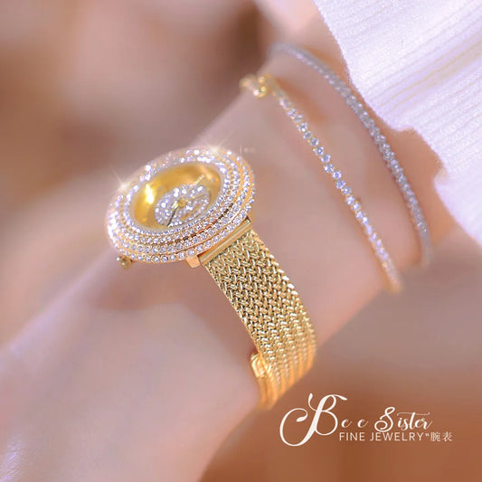 Alcom Distribution gold mesh bracelet hot-selling ladies quartz watch with crystal pave bezel