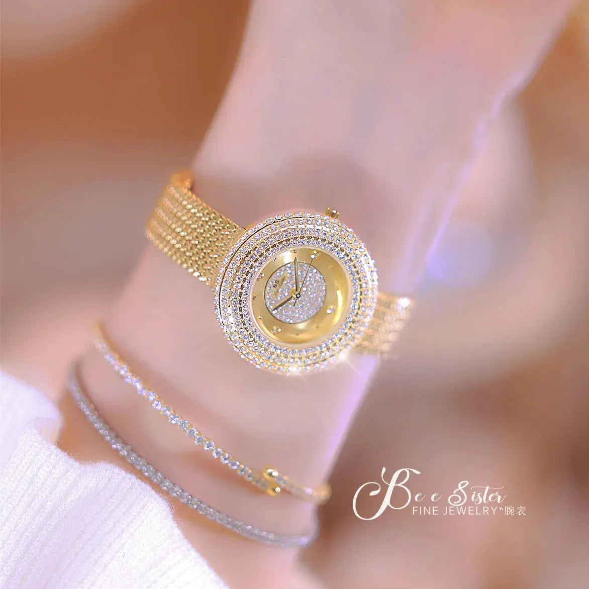 Alcom Distribution hot-selling ladies quartz watch gold mesh band crystal bezel elegant bracelet timepiece