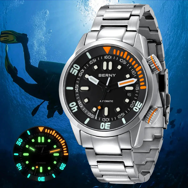 BERNY automatic watch with stainless steel band and luminous dial designed for diving by Alcom Distribution