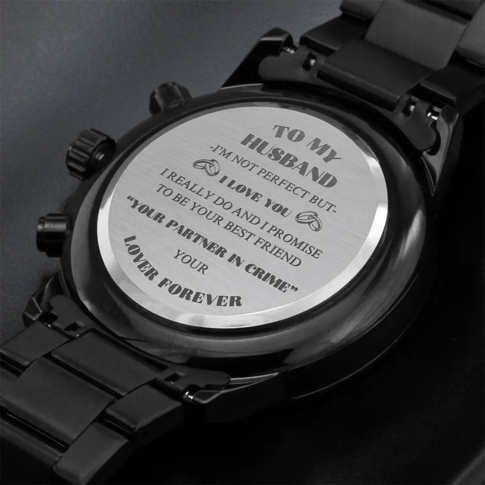 Black chronograph watch gift for husband with engraved heartfelt message on the back