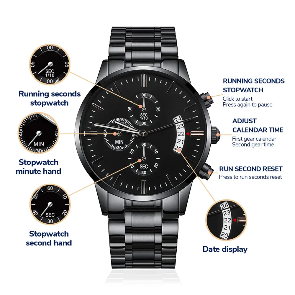 Black chronograph watch gift for husband with stopwatch, calendar date display, and stainless steel band