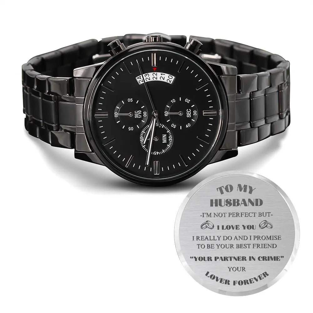 Black chronograph watch gift for husband with sleek black metal band and personalized engraved message