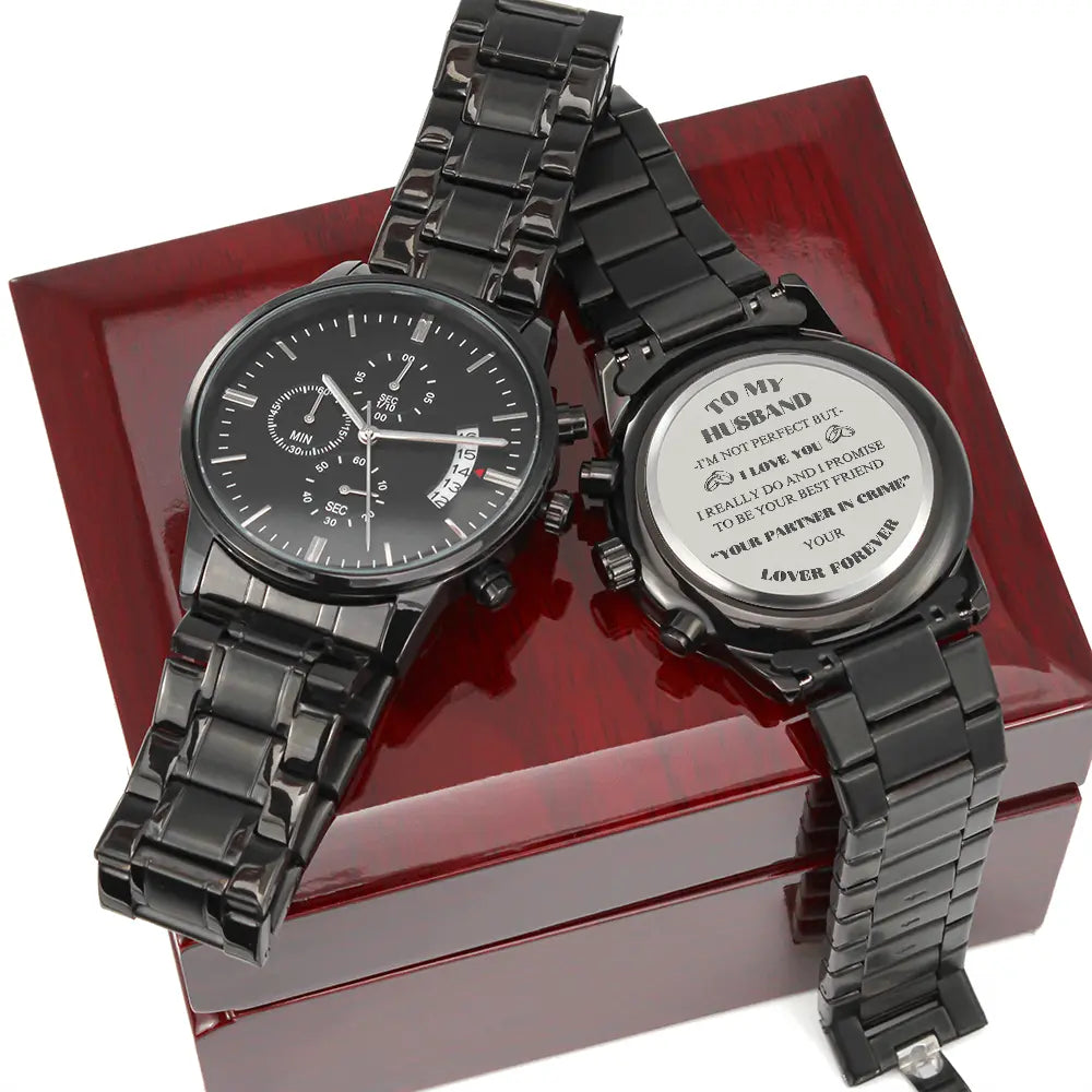 Black chronograph watch gift for husband with metal band and personalized engraved message on back