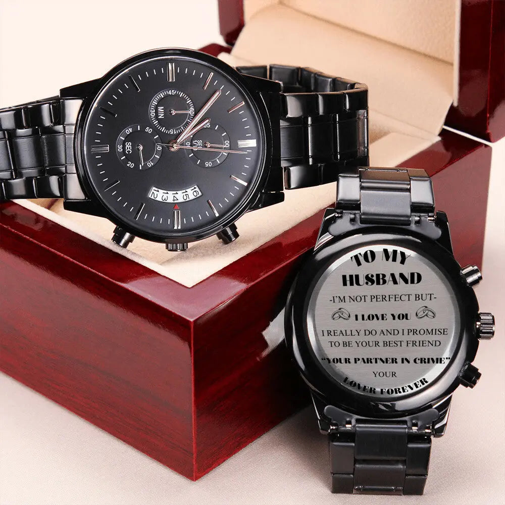 Black chronograph watch gift for husband with personalized engraved message in wooden box