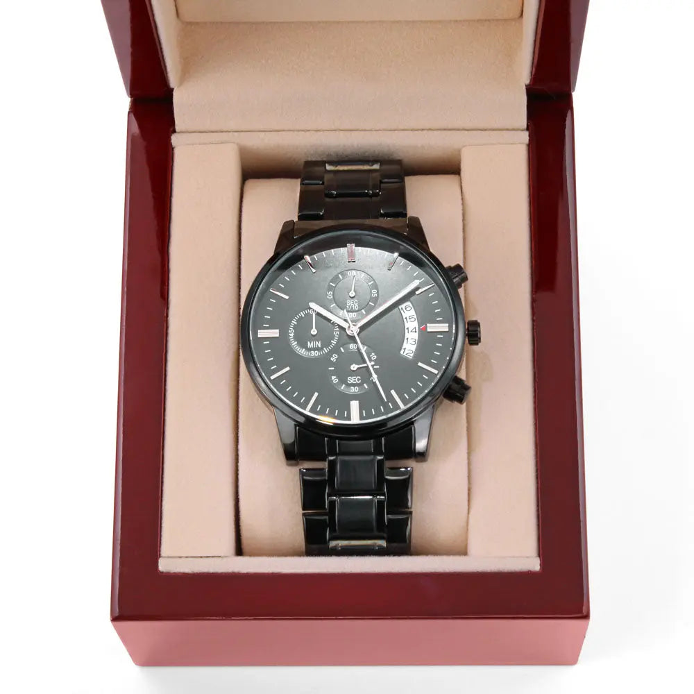 Black chronograph watch gift for husband displayed in a wooden gift box