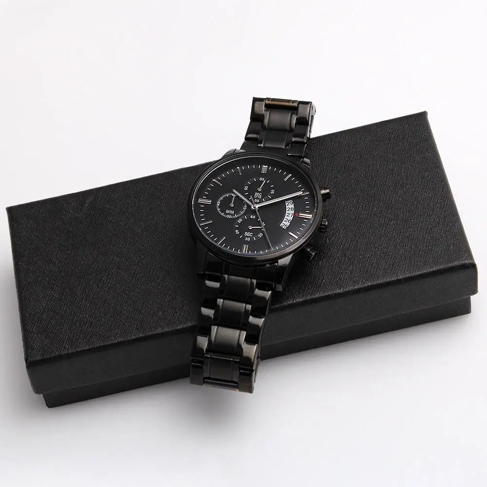 Black chronograph watch gift for husband with metal band on black textured gift box
