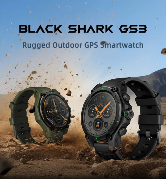 Black Shark GS3 rugged outdoor smartwatch 21-day battery in black and green designs on dirt background