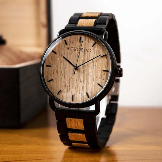 Bold style wooden timepiece with black and natural wood finish by Alcom Distribution