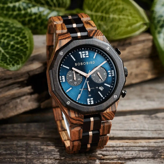 BOBO BIRD business watch with wooden band and blue dial displayed on rustic wooden surface