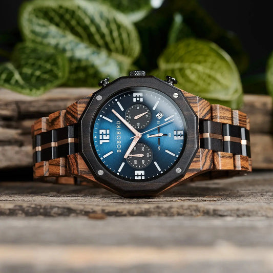 BOBO BIRD business watch with blue dial and wooden strap on rustic surface by Alcom Distribution