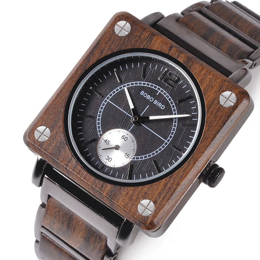 Luxury wood watch for men with square wooden frame and black metal band by Alcom Distribution