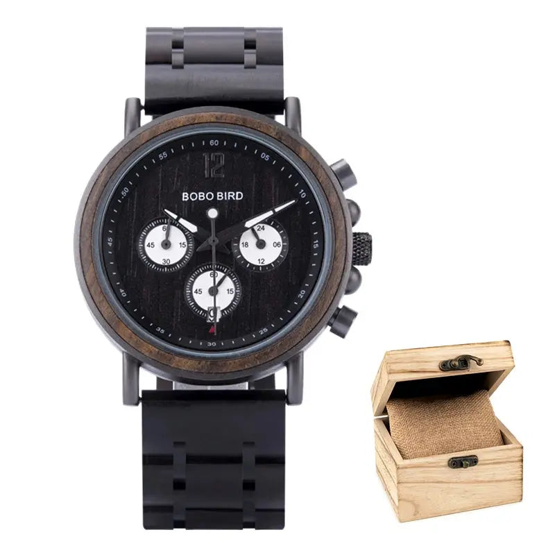 Alcom Distribution BOBO BIRD sustainable watches for men with black wooden band and matching wooden box