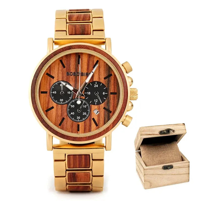 Alcom Distribution sustainable watches for men with wooden dial and gold metal band with wooden box