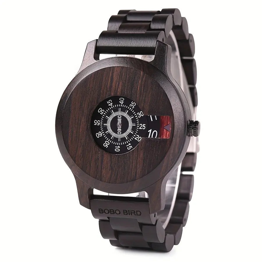 Alcom Distribution vintage wooden watch gift with dark wood finish and unique circular dial design