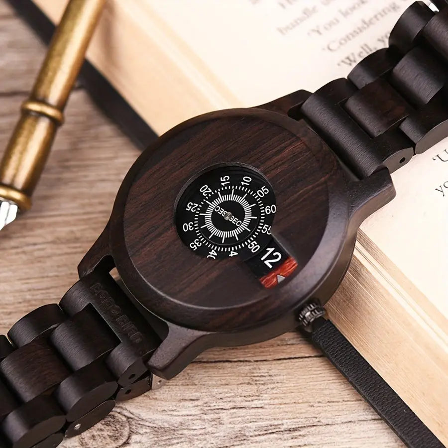 Vintage wooden watch gift with dark wood finish and unique circular dial by Alcom Distribution
