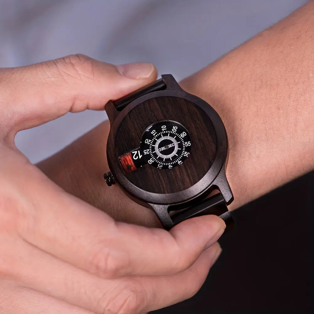 Alcom Distribution vintage wooden watch gift with dark wood face and unique dial on wrist