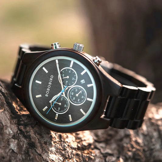 BOBO BIRD wooden watch for men with black dial and chronograph on a textured wood surface