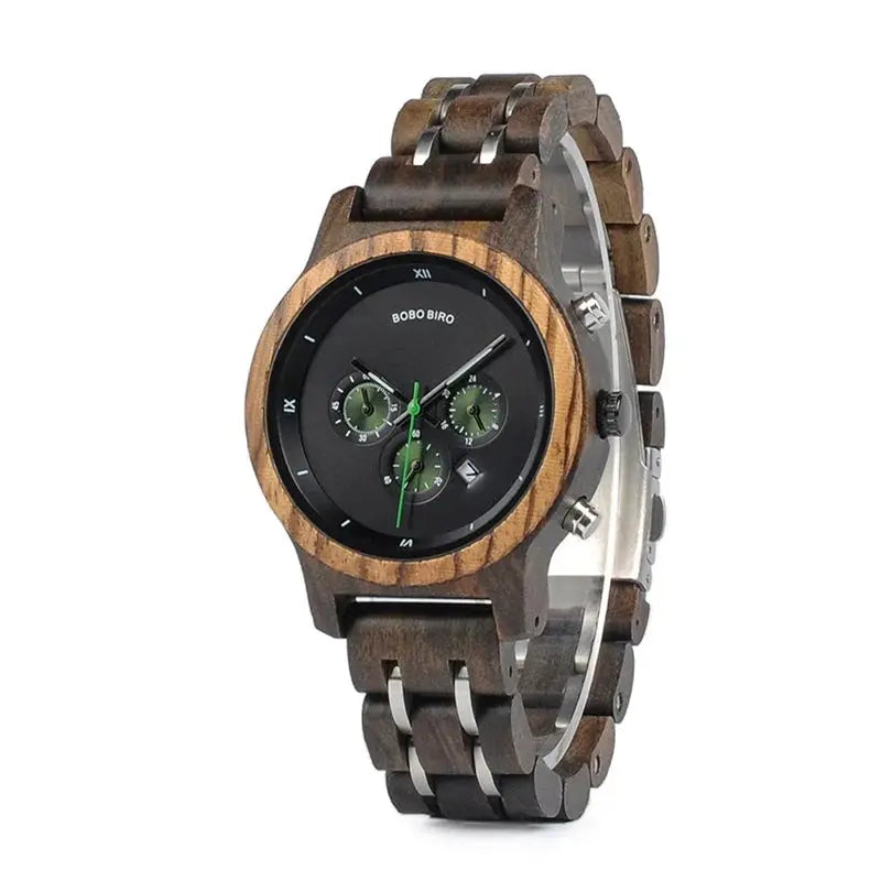 Alcom Distribution eco-friendly bamboo watch with black dial and green chronograph hands