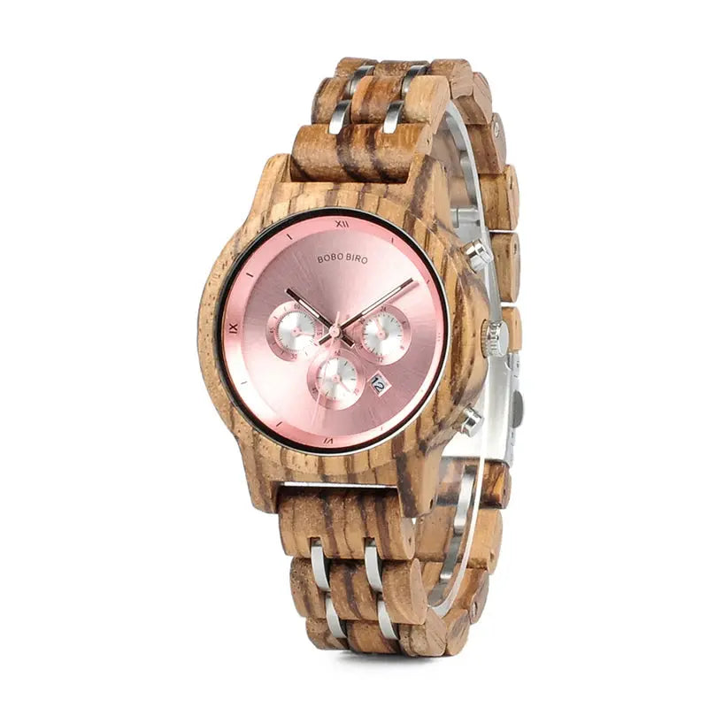 Alcom Distribution eco-friendly bamboo watch with rose gold dial and wooden link band