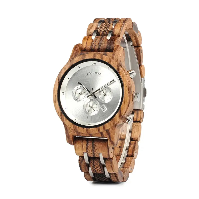 Alcom Distribution eco-friendly bamboo watch with silver chronograph dial and wooden strap