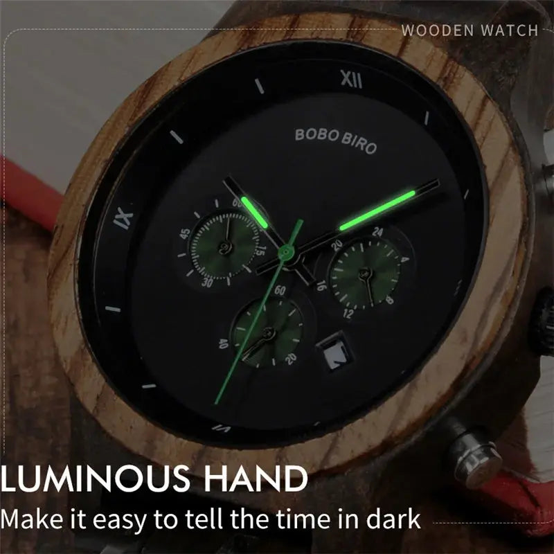 Eco-friendly bamboo watch by Alcom Distribution with luminous hands for easy time reading in the dark