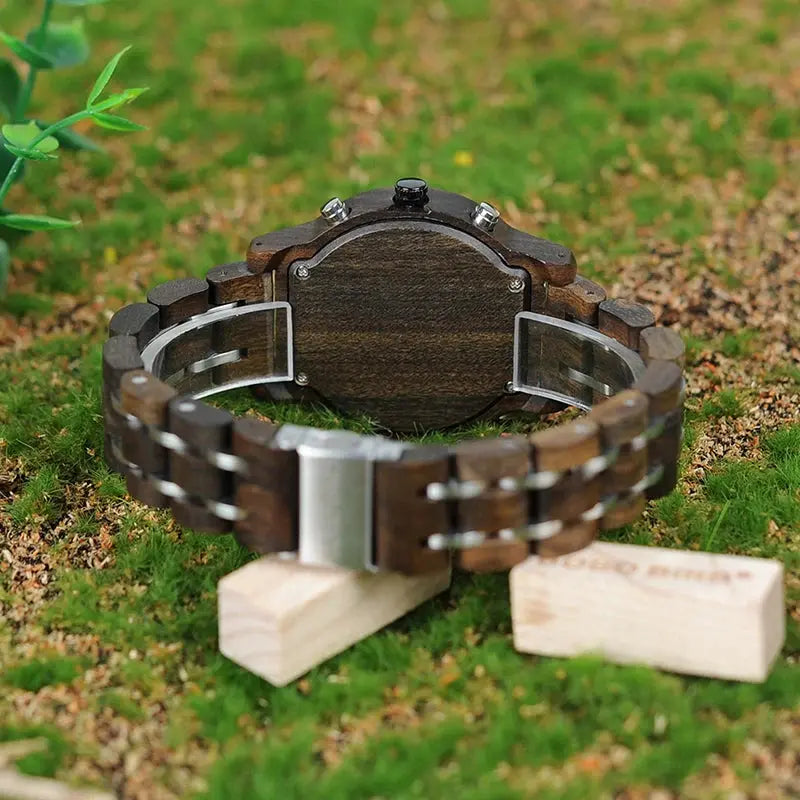 Alcom Distribution eco-friendly bamboo watch with wooden strap and stainless steel clasp shown from back