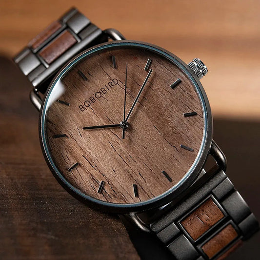 Alcom Distribution bold style wooden timepiece with a wood-textured dial and metal strap links