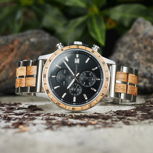 Alcom Distribution luxury chronograph watch for men with black dial and wood-accented stainless steel band