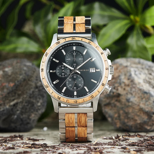 Luxury chronograph watch for men with wood and metal band and black dial by Alcom Distribution