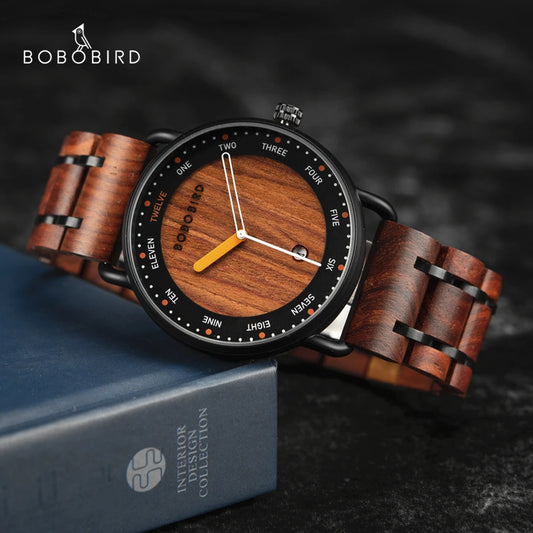 Alcom Distribution natural quartz wooden watch with a round black bezel and wooden strap on a book