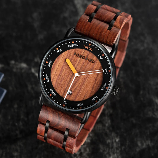 Natural quartz wooden watch with dark wood grain dial and matching wooden band by Alcom Distribution