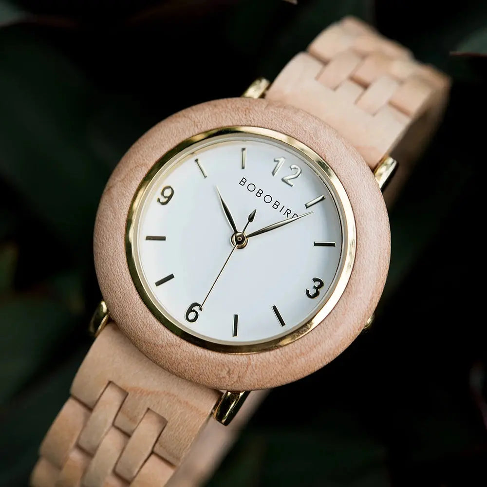 Alcom Distribution natural wood wristwatch for women with light wood band and white dial