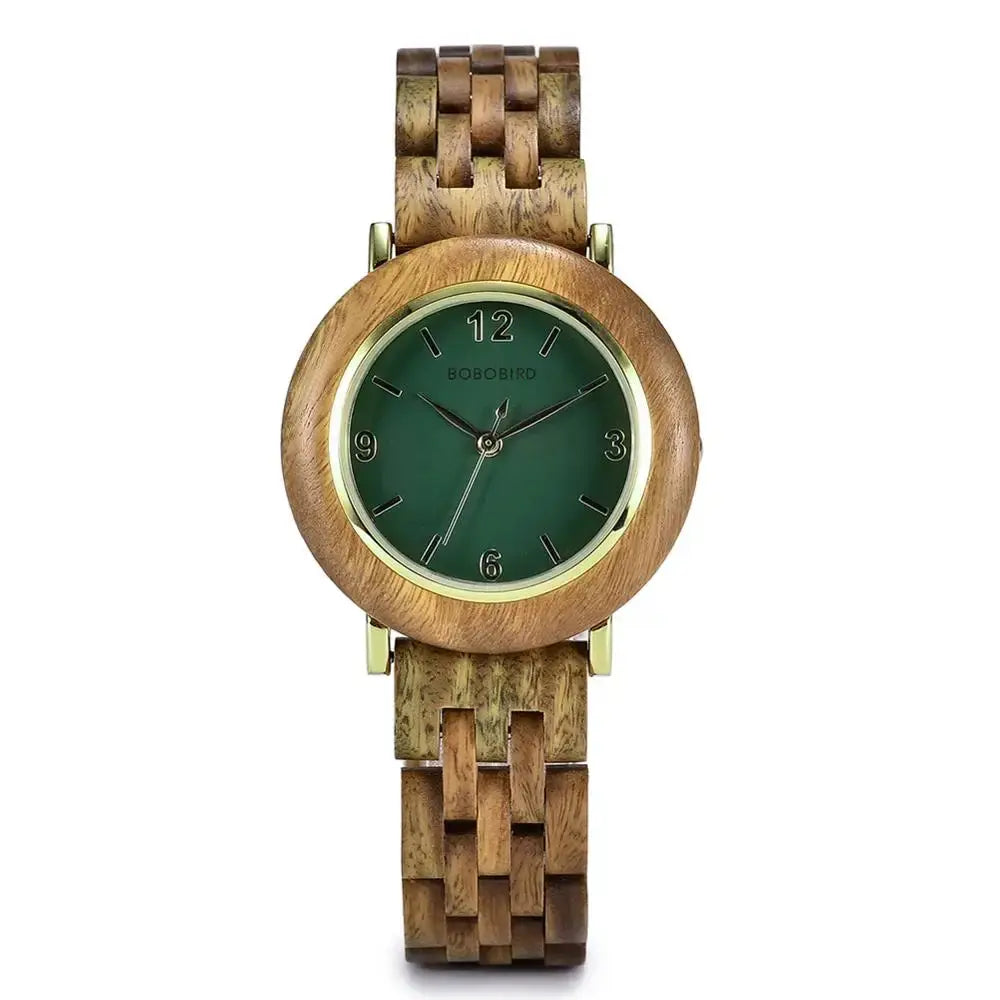Alcom Distribution natural wood wristwatch for women with green dial and wooden band