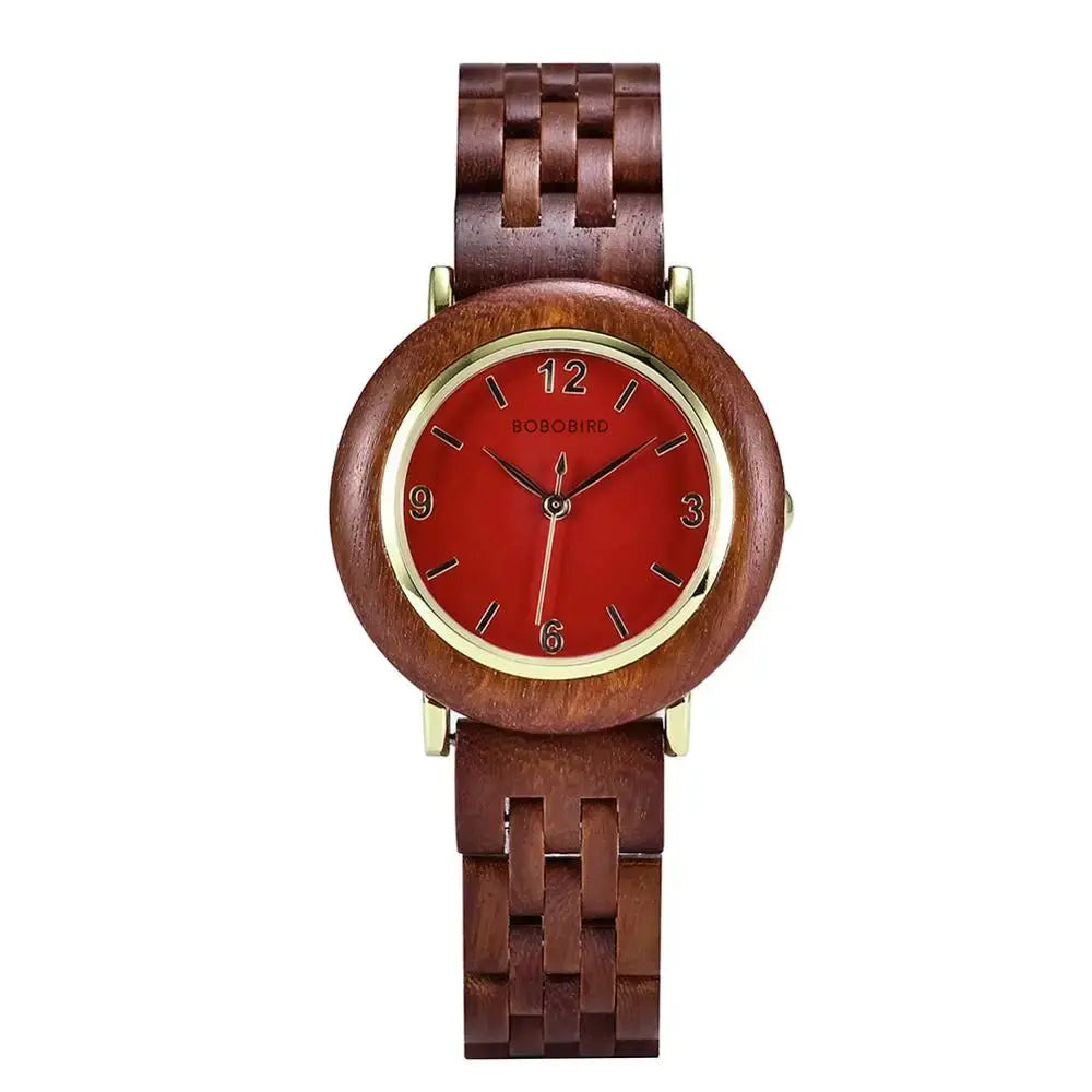 Natural wood wristwatch for women with red dial and wooden band by Alcom Distribution