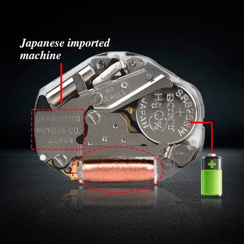 Close-up of Japanese imported Miyota watch movement showcasing natural wood wristwatch for women components