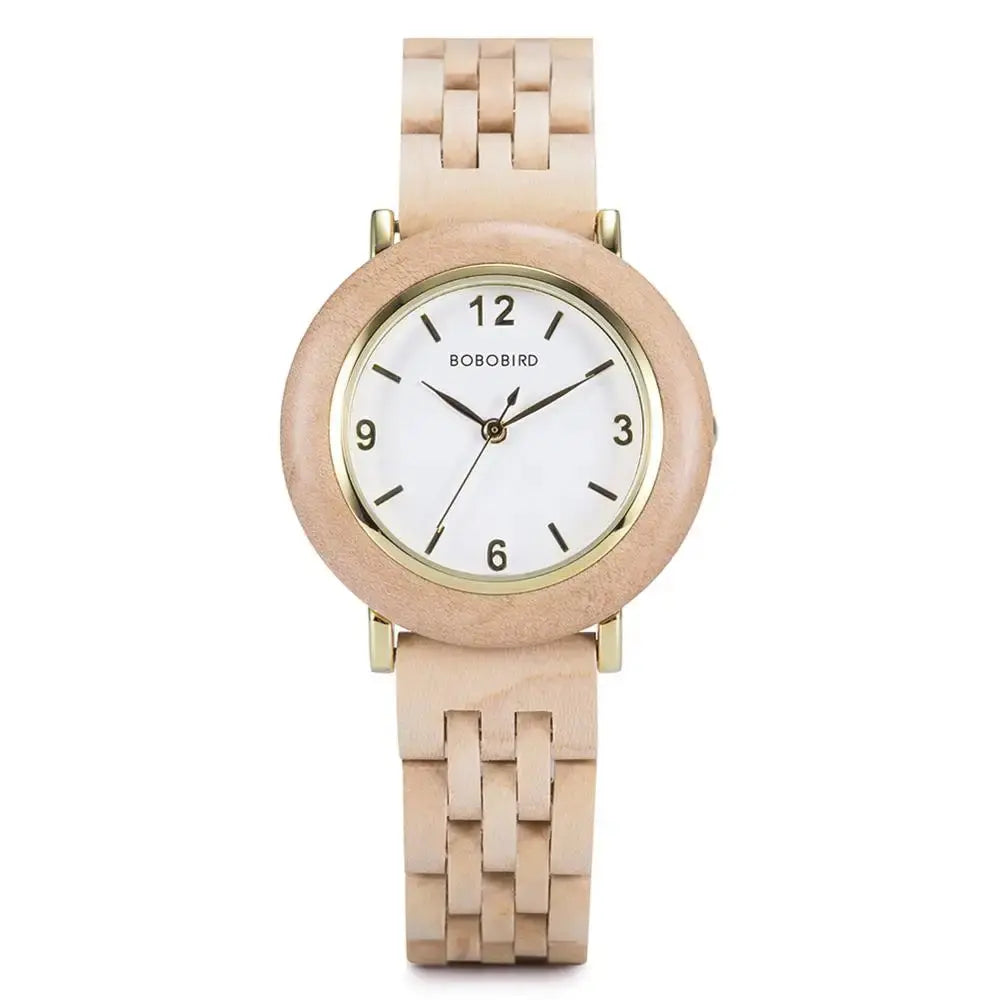 Natural wood wristwatch for women by Alcom Distribution with round face and light wooden strap